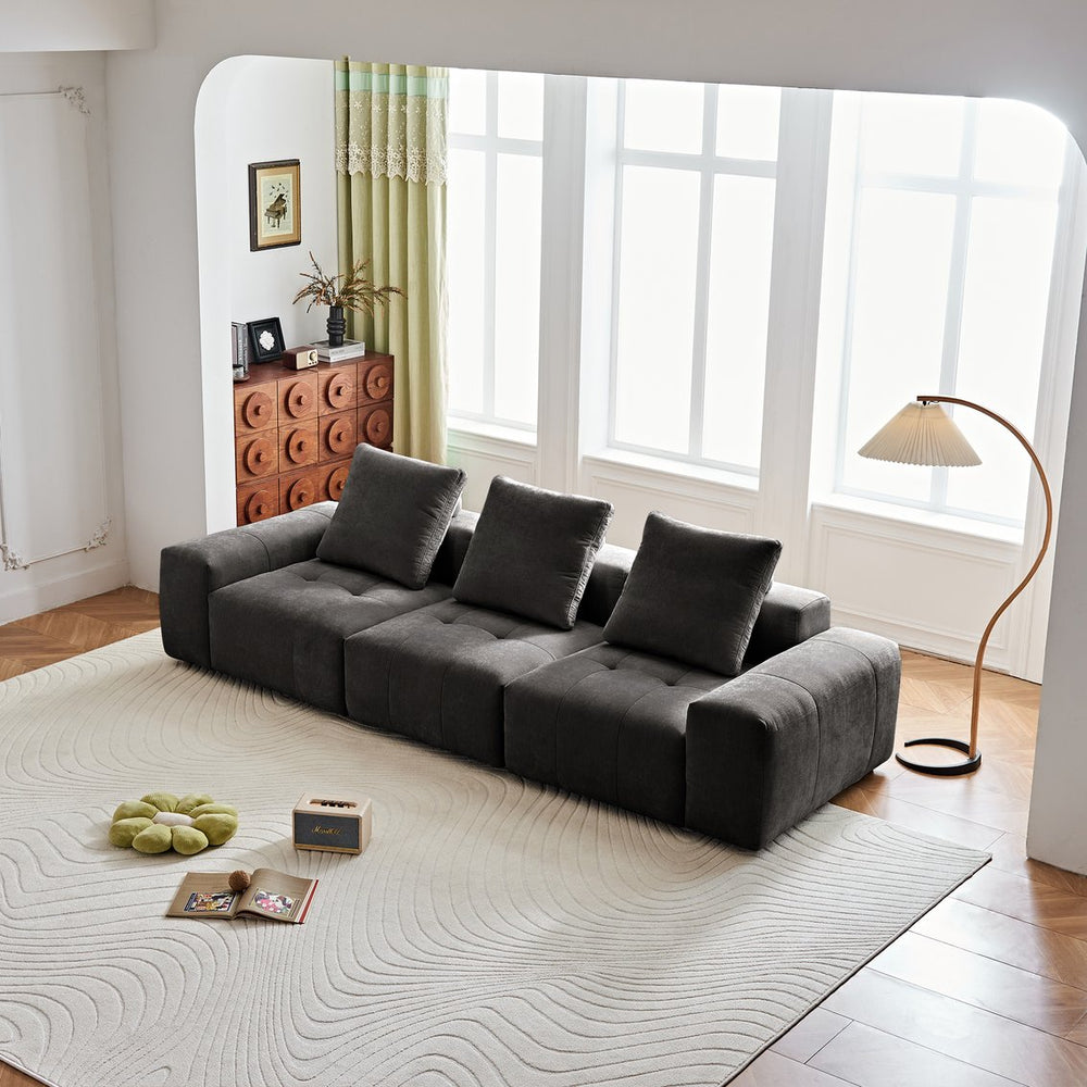 English Elm Luxury Piano Key Chenille Velvet Sofa Solid Wood Frame Three Seat Modern Living Room Grey W1765S00134