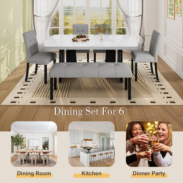 English Elm 6 Piece Dining Set with Rectangular Solid Wood Table, Upholstered Chairs & Bench, Rustic Charm, Easy Assembly, Seats 6 Gray,White N752S000011E