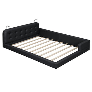 English Elm Queen PU Leather Upholstered Platform Bed with Built-In Dual Reading Lights and Sturdy 600lb Capacity Black SF000186AAB