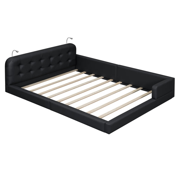 English Elm Queen PU Leather Upholstered Platform Bed with Built-In Dual Reading Lights and Sturdy 600lb Capacity Black SF000186AAB