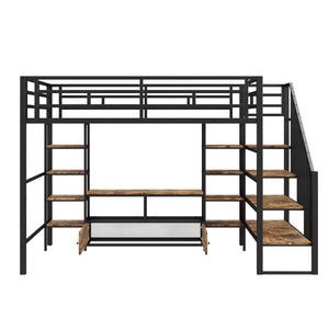 English Elm Full Metal Loft Bed Full Size with Staircase, Built-In Desk & Shelves, Black, Sturdy Space-Saving Setup GX001132AAB