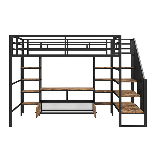 English Elm Full Metal Loft Bed Full Size with Staircase, Built-In Desk & Shelves, Black, Sturdy Space-Saving Setup GX001132AAB
