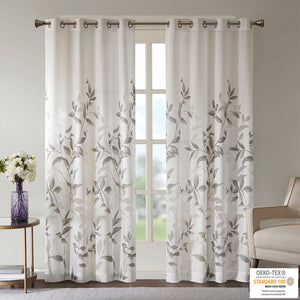 English Elm Burnout Botanical Curtain Panel Set – 2 Elegant Grey Panels With Silver Grommets For Light Filtering B035129675
