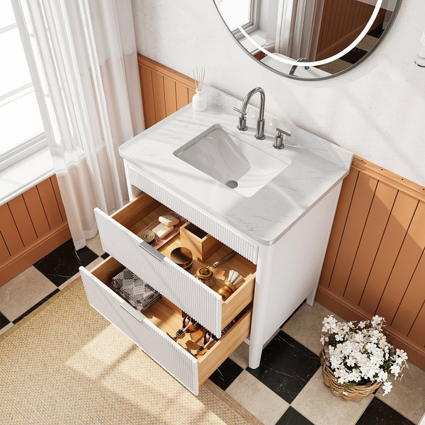 English Elm Fully Assembled 30 Inch Bathroom Vanity Solid Rubberwood Cabinet Carrara Marble Top W1826P439632
