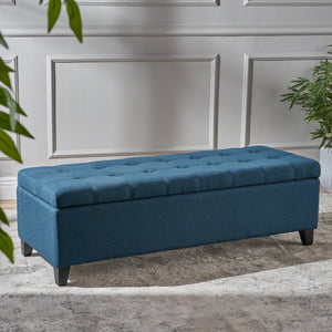 English Elm Upholstered Boucle Storage Bench Soft Close Flip Top Rubberwood Legs Bedroom Entryway Navy Blue N779P395018N