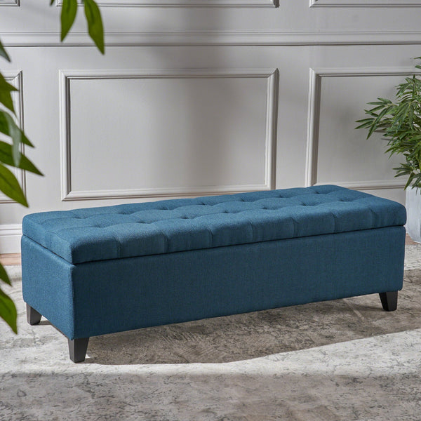 English Elm Upholstered Boucle Storage Bench Soft Close Flip Top Rubberwood Legs Bedroom Entryway Navy Blue N779P395018N
