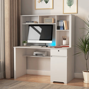 English Elm Computer Desk with Hutch & Bookshelf White MDF — Spacious Executive Study Desk w/ Lockable Drawer, 3 AC & 2 USB Ports, Monitor Stand, Easy Assembly W1321P178183
