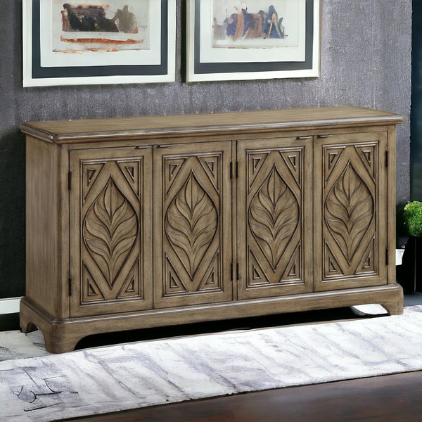 English Elm Orana Oak Finish Console Cabinet with Patterned Doors, 4 Shelves, No Assembly, Timeless Entryway Storage B2726P256290