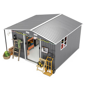 English Elm 10x12 Ft Galvanized Steel Outdoor Shed Dual Zone Lockable Sliding Doors Backyard Storage Dark Gray W1598S00034