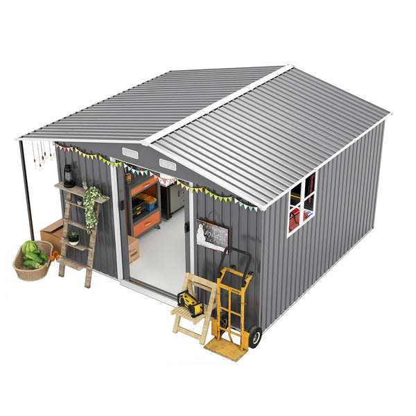 English Elm 10x12 Ft Galvanized Steel Outdoor Shed Dual Zone Lockable Sliding Doors Backyard Storage Dark Gray W1598S00034