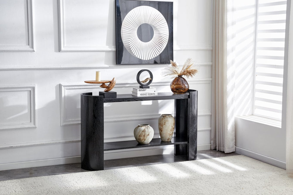 English Elm Double-layer Matte Black Console Table Curved Shelf Minimalist Entryway Sofa Side W3875P388012