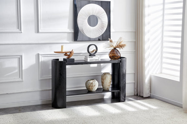 English Elm Double-layer Matte Black Console Table Curved Shelf Minimalist Entryway Sofa Side W3875P388012