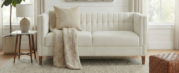 English Elm Modern Chenille Three Seater Sofa with Channel Tufted Back and Birch Wood Legs Beige N763S000100A