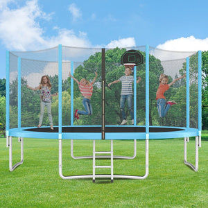 English Elm 14ft Round Backyard Trampoline with Enclosed Safety Net Basketball Hoop and Ladder Blue N739S000003C