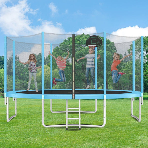 English Elm 14ft Round Backyard Trampoline with Enclosed Safety Net Basketball Hoop and Ladder Blue N739S000003C