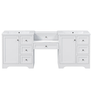 English Elm 84" Double Sink Vanity with Stone Countertop Six Soft Close Drawers and Silver Knobs White N817P404196W