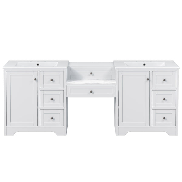 English Elm 84" Double Sink Vanity with Stone Countertop Six Soft Close Drawers and Silver Knobs White N817P404196W
