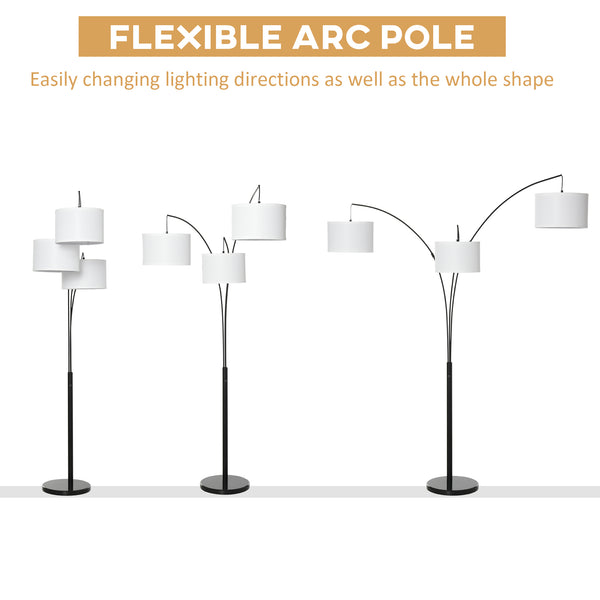 English Elm Floor Arc Lamp Trio with Marble Base and Three Drum Shades for Ambient Living Room Glow T3971P388065