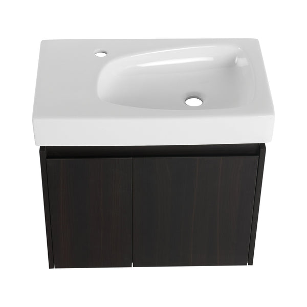 English Elm 24 Inch Bathroom Vanity Floating Ceramic Basin Sink Combo with Double-Door Wall-Mounted Storage Cabinet Durable Engineered Wood Modern Design Black W1972P190342