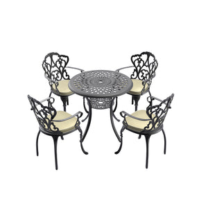 English Elm 5-piece Cast Aluminum Outdoor Dining Set with Ornate Relief Frames and Weather Resistant Cushions W1710S00540