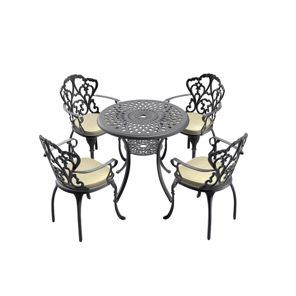 English Elm 5-piece Cast Aluminum Outdoor Dining Set with Ornate Relief Frames and Weather Resistant Cushions W1710S00540