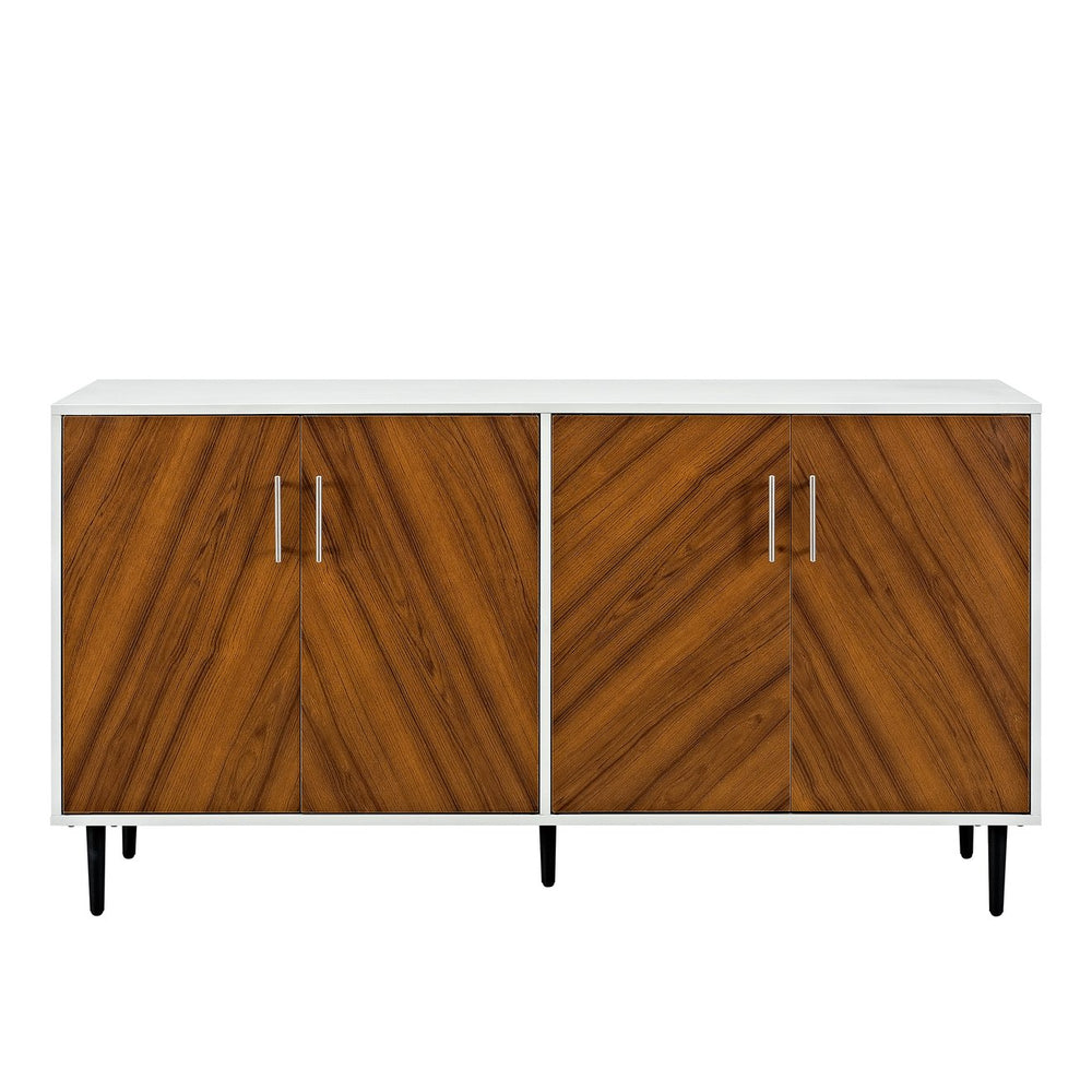 English Elm Walker Edison - Mid-Century Faux-Bookmatch Door Buffet with Metal Legs, Two-Tone Teak/White Storage Console B185P169345