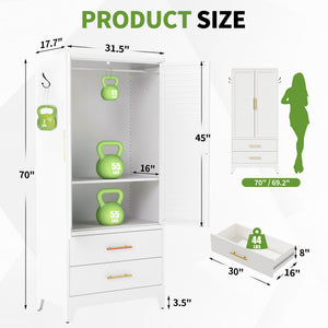 English Elm White Steel Freestanding Wardrobe Cabinet with Rod and Shelves for Dorm or Apartment T2398P480393