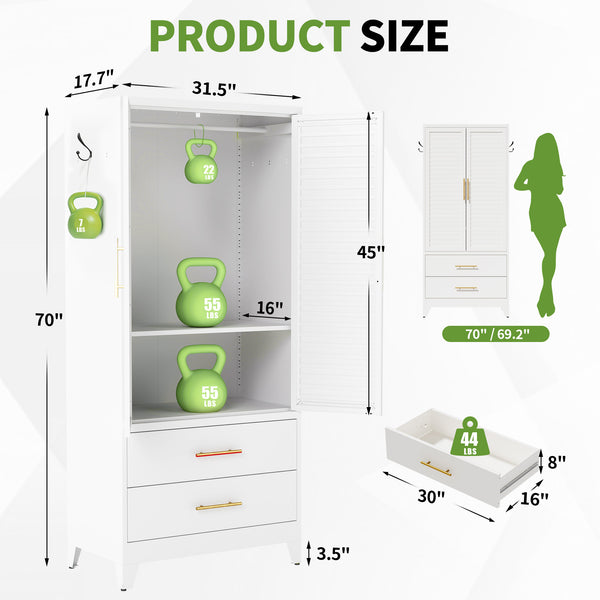 English Elm White Steel Freestanding Wardrobe Cabinet with Rod and Shelves for Dorm or Apartment T2398P480393