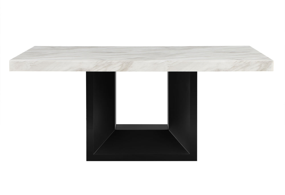 English Elm SHEENA Solid Wood Dining Table with White Faux Marble Top, Rich Black Finish & Angled Wood Base B201S00137