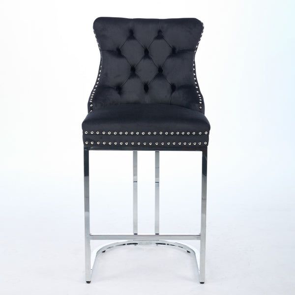 English Elm 25" High Back Velvet Counter Stools Set of 2 with Deep Button Tufting, Spring-Cushion Comfort & Chrome Base Black W1143P217851