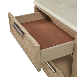 English Elm Two Drawer Coastal Nightstand with Woven Rope Fronts Stone Top and Usb Charging B2699P323471