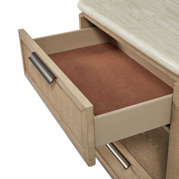 English Elm Two Drawer Coastal Nightstand with Woven Rope Fronts Stone Top and Usb Charging B2699P323471