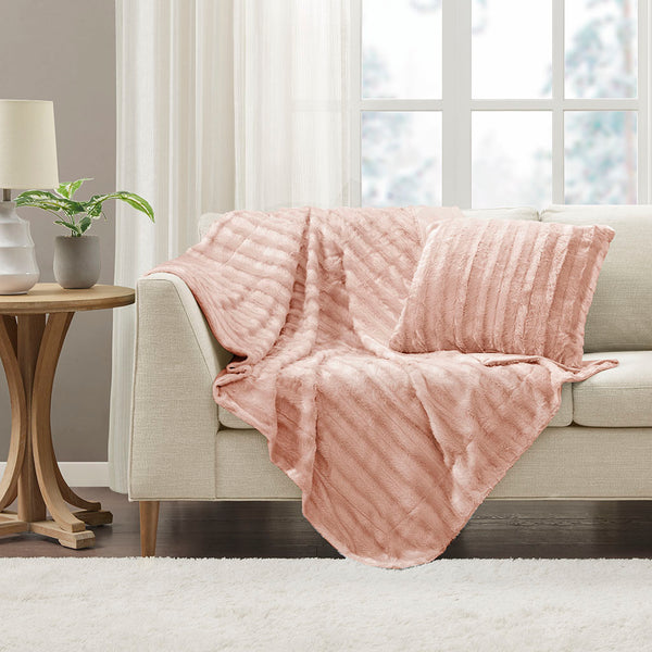 JLA Home Madison Park - Long Faux Fur Throw with Silky Micro-Fur Reverse, OEKO-TEX Certified, Lightweight Cozy 50x60 Inches Blush MP50-4823