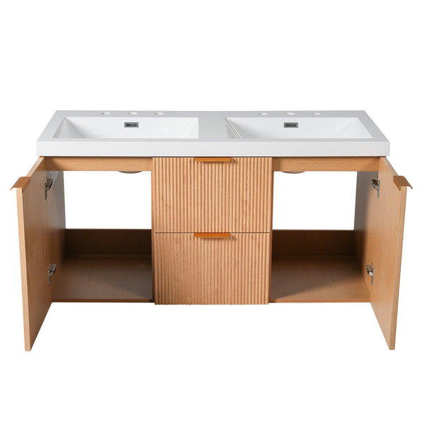 English Elm [video]47.24 Inch Floating Double Sink Vanity Mdf Cabinet Gold Handles Modern Bath N729P000025N