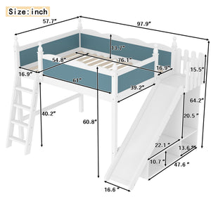 English Elm Full Loft Bed With Slide, Storage Shelves & Cabinet - Solid Wood Design For Fun & Organization! W1580S00246