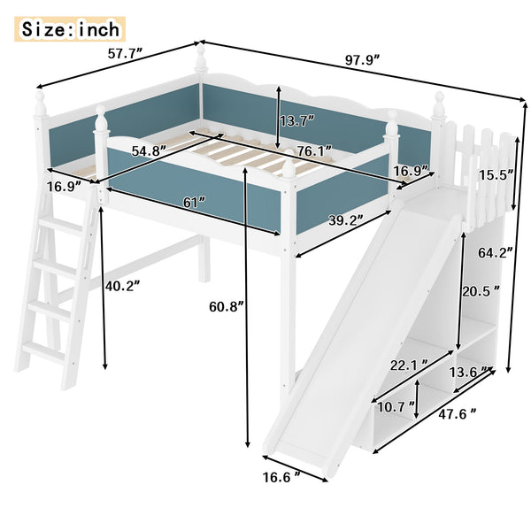 English Elm Full Loft Bed With Slide, Storage Shelves & Cabinet - Solid Wood Design For Fun & Organization! W1580S00246
