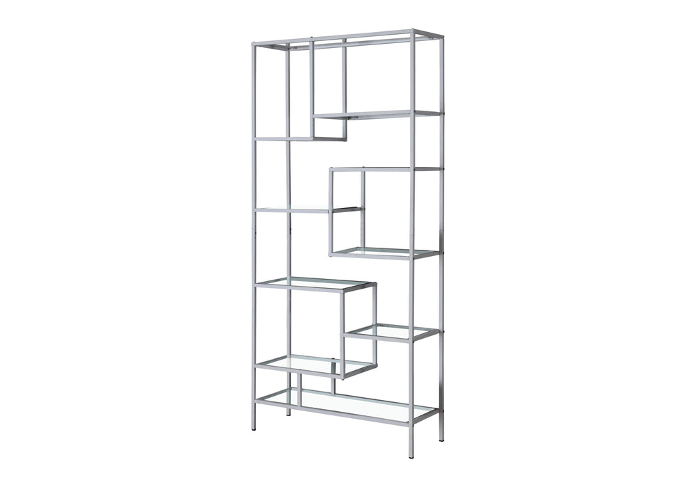 English Elm Bookshelf, 72" Tall Grey Metal Frame with 9 Clear Tempered Glass Shelves for Modern Living Spaces Silver 40 L x 14 W x 8 H B2710P219626