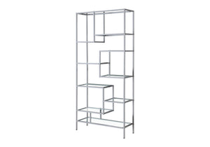 English Elm Bookshelf, 72" Tall Grey Metal Frame with 9 Clear Tempered Glass Shelves for Modern Living Spaces Silver 40 L x 14 W x 8 H B2710P219626
