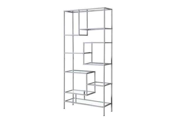 English Elm Bookshelf, 72" Tall Grey Metal Frame with 9 Clear Tempered Glass Shelves for Modern Living Spaces Silver 40 L x 14 W x 8 H B2710P219626