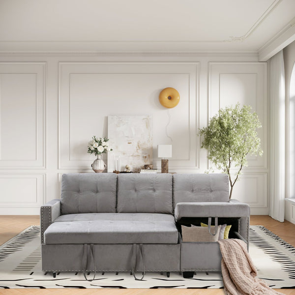 English Elm 77 Reversible 77 Inch Sectional Storage Sleeper Sofa Bed with Pull-Out Guest Bed, Velvet Plush Seating LIGHT GREY W120343142