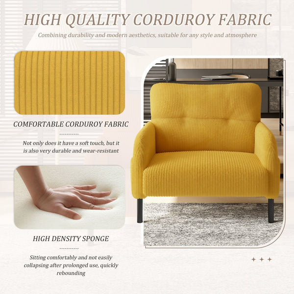 English Elm UNITED Corduroy Accent Chair with Ergonomic Curve, High-Density Foam Seat & Dual Side Pockets for Cozy Living Spaces Yellow W1568P307260