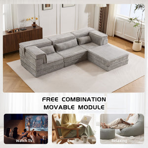 English Elm Compression Modular Sofa Bed, Versatile Light Grey Fleece Couch, No Assembly, 3-Seater & Ottoman W3723S00024