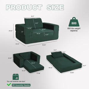 English Elm Compression Human Dog Sofa Bed 3-in-1 Folding Corduroy Floor Couch with Memory Foam Pillow for Living Room Dark Green W3723P376786