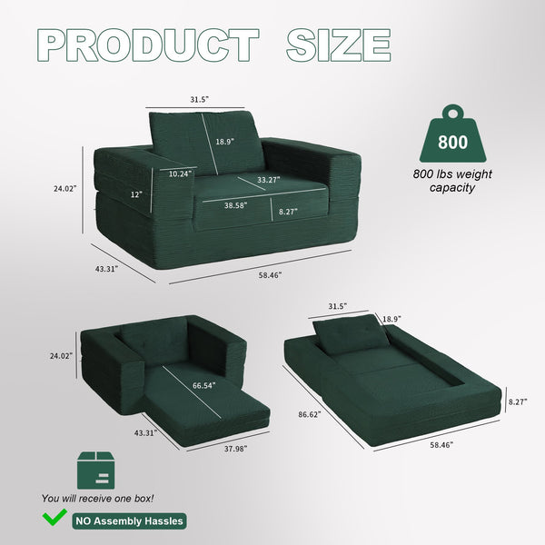 English Elm Compression Human Dog Sofa Bed 3-in-1 Folding Corduroy Floor Couch with Memory Foam Pillow for Living Room Dark Green W3723P376786