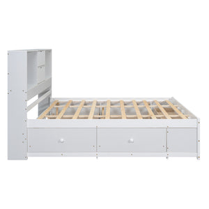 English Elm King Platform Bed with 8 Drawers Open Headboard Compartments and Pine Wood Frame White GX000454AAK-1
