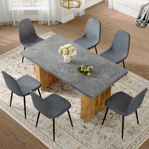 English Elm Table and Chair Set.Cozy Modern Mdf Dining Set -67"X35.4" With 6 Comfortable Dark Grey Linen-Cotton Dining Chair With Round Corner Design.Suitable For Home Dining Rooms,Hotels,Other Commercial Spaces.