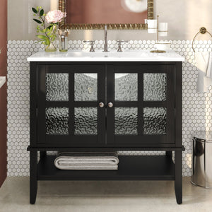 English Elm Christopher Knight Home® - 36" Bathroom Vanity with Ceramic Sink, Solid Wood Legs, Waterproof Finish, Soft-Close Hinges, Open Shelf, Silver Knobs Black N817P286249B