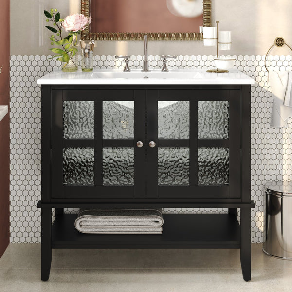 English Elm Christopher Knight Home® - 36" Bathroom Vanity with Ceramic Sink, Solid Wood Legs, Waterproof Finish, Soft-Close Hinges, Open Shelf, Silver Knobs Black N817P286249B