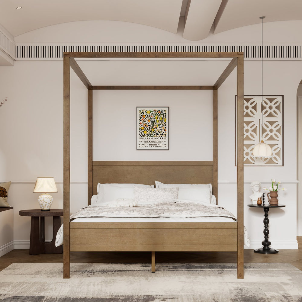 English Elm Queen Solid Wood Canopy Bed Four Post Antique Oak Finish with Curtain Rail Slots N758Q084041N