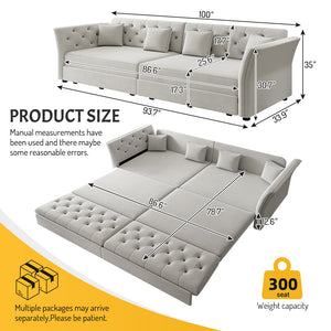 English Elm 100" Oversized Velvet Sleeper Sofa with Floral Tufted Cushions for Living Room Light Grey W1885S00302